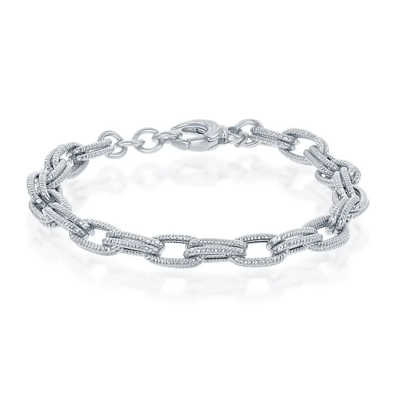 Sterling Silver Rope Design Double Oval Linked Bracelet, MADE IN ITALY