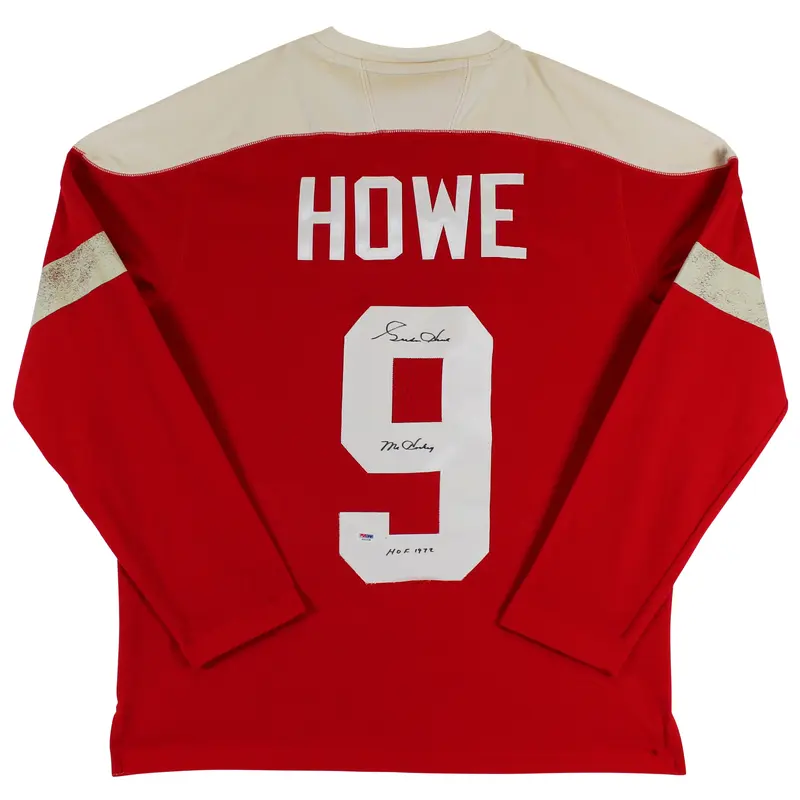 Red Wings Gordie Howe "2x Insc" Signed Red Vintage Adidas Sweater Jersey PSA 2