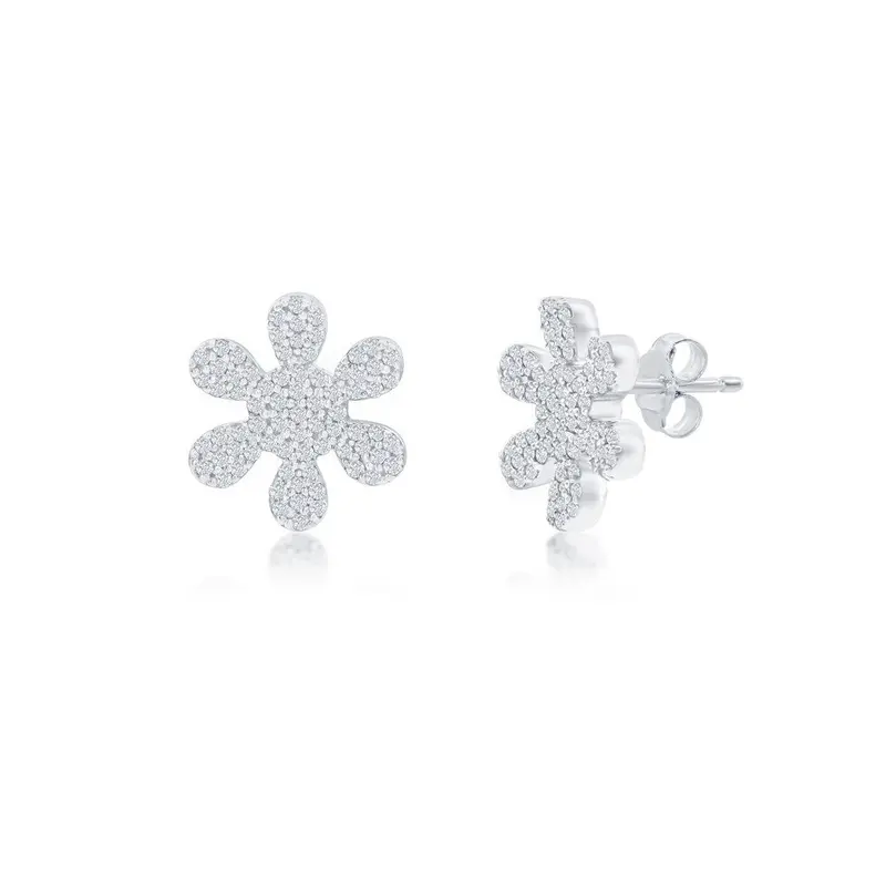 Sterling Silver, Flower Diamond Stud Earrings - (74 Stones)