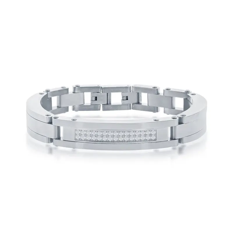 Stainless Steel Micro Pave CZ ID Link Bracelet