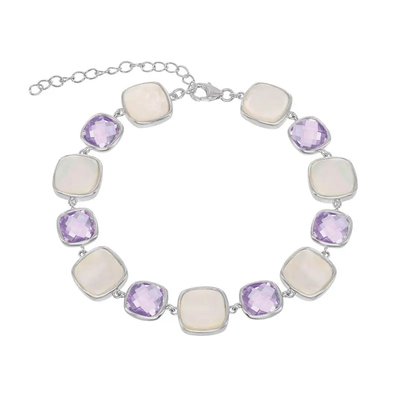 Sterling Silver Alternating Square Amethyst& Mother of Pearl Bracelet