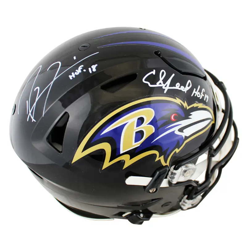 Ravens Ray Lewis & Ed Reed "HOF" Signed Speed Flex Full Size Helmet BAS Witness