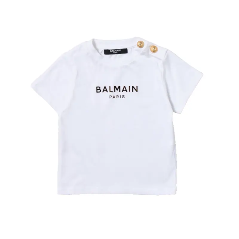 BALMAIN T SHIRT BABY SS GOLD LOGO TEE W BUTTONS BT8561 100OR