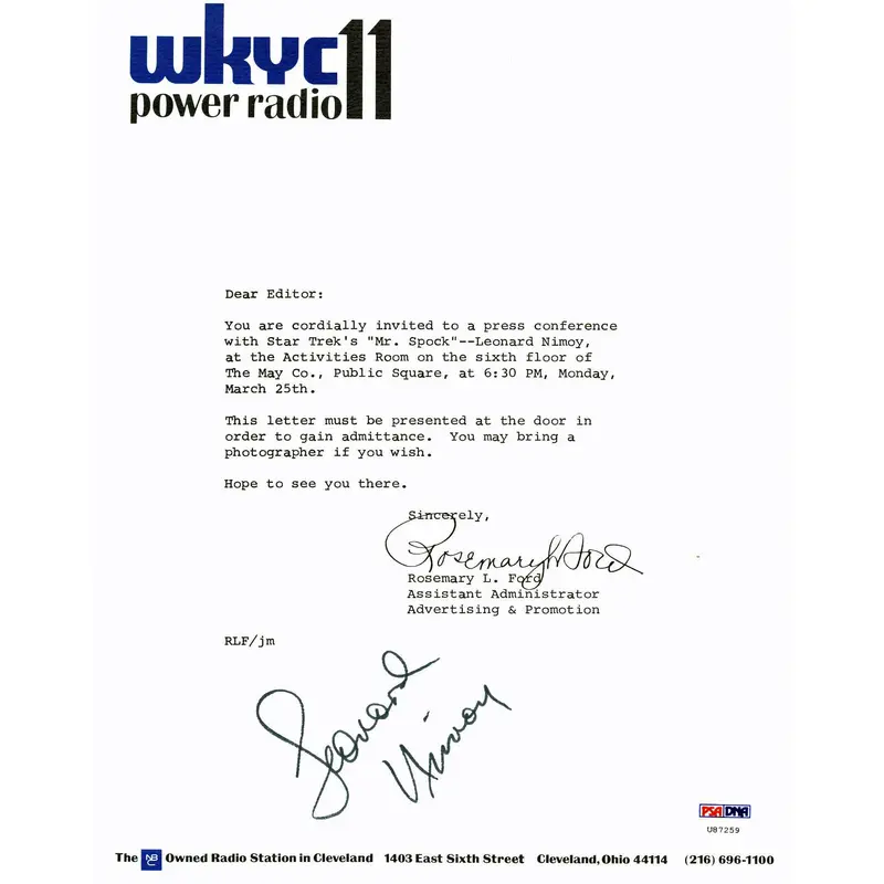 Leonard Nimoy Star Trek Signed 8.5x11 Invitation Letter PSA/DNA #U87259