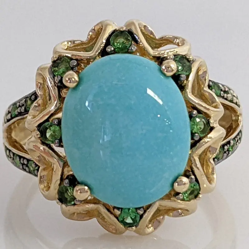14K AVENTURINE OVAL 10X12 WITH (20) ROUND ESTATE RING 5.5 GRAMS