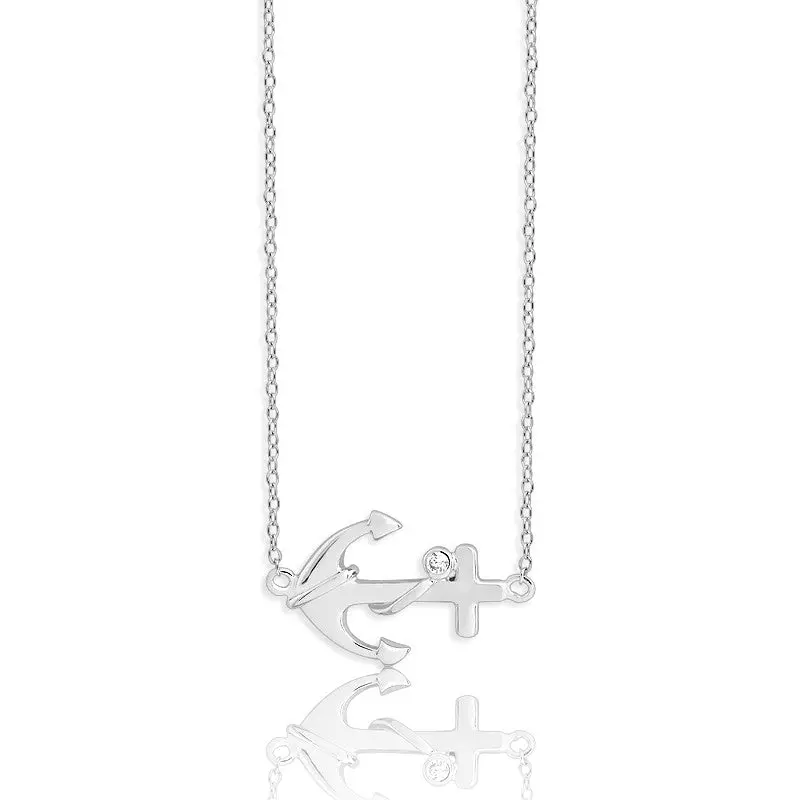 Sterling Silver Sideways Anchor CZ Necklace