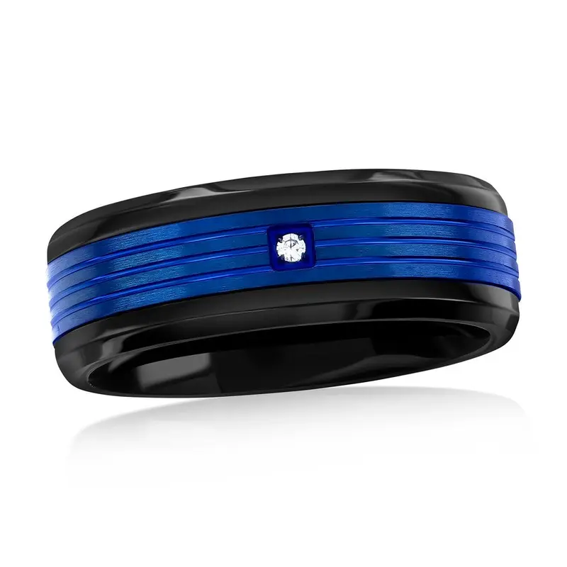 Stainless Steel, Black & Blue CZ Ring