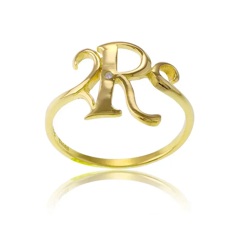 Sterling Silver 1 Micron Gold-plating Single CZ "R" Ring