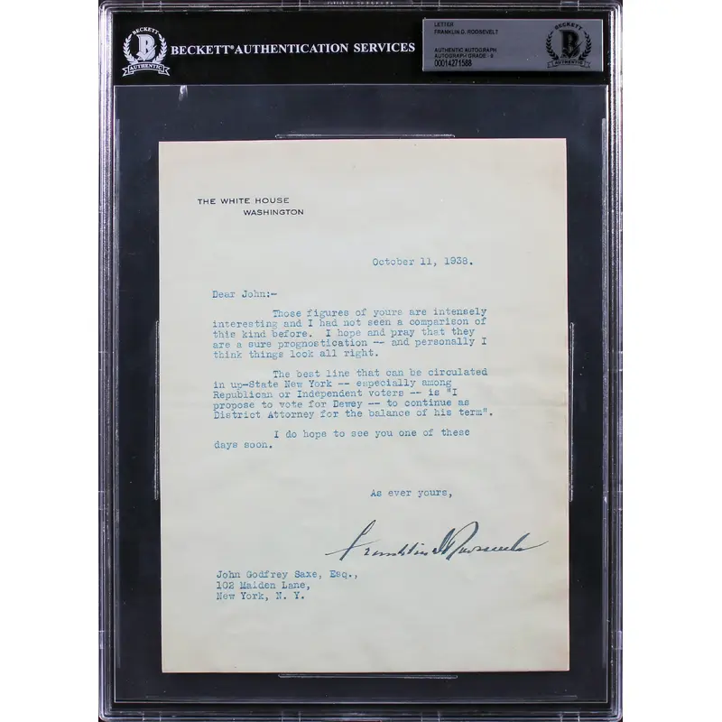 Franklin Roosevelt Signed 6.75x8.75 1938 Letter On WH Letterhead Auto 9 BAS Slab