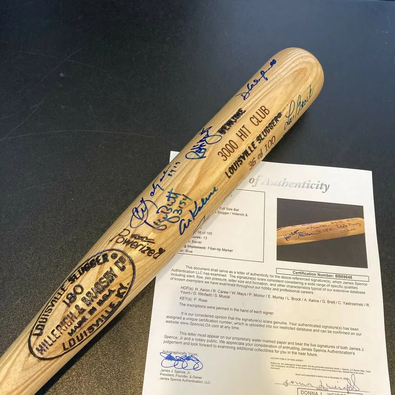 Beautiful 3,000 Hit Club Signed Bat Willie Mays Hank Aaron 13 Sigs JSA COA