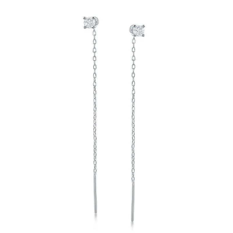 Sterling Silver Bar with Four-Prong CZ Chain Threader Earrings