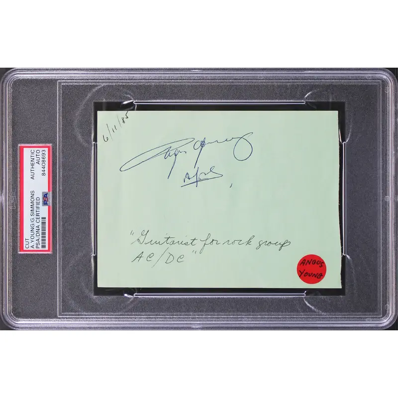Angus Young & Gene Simmons Authentic Signed 4.5x6.25 Cut Signature PSA Slabbed