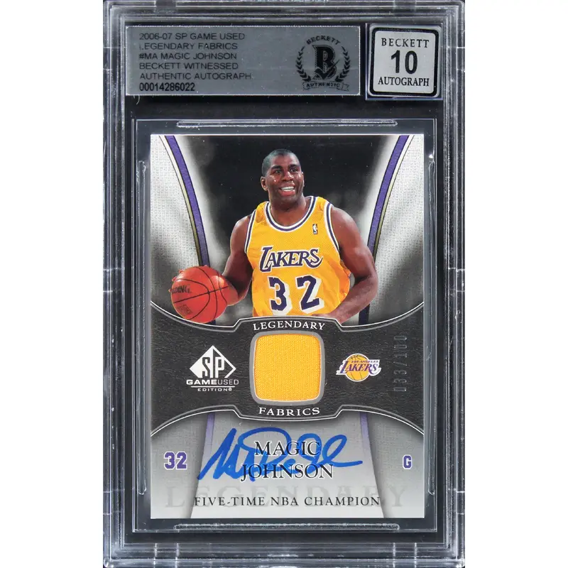 Magic Johnson Signed 2006 SP Game Used Fabrics #MA 33/100 Card Auto 10! BAS Slab