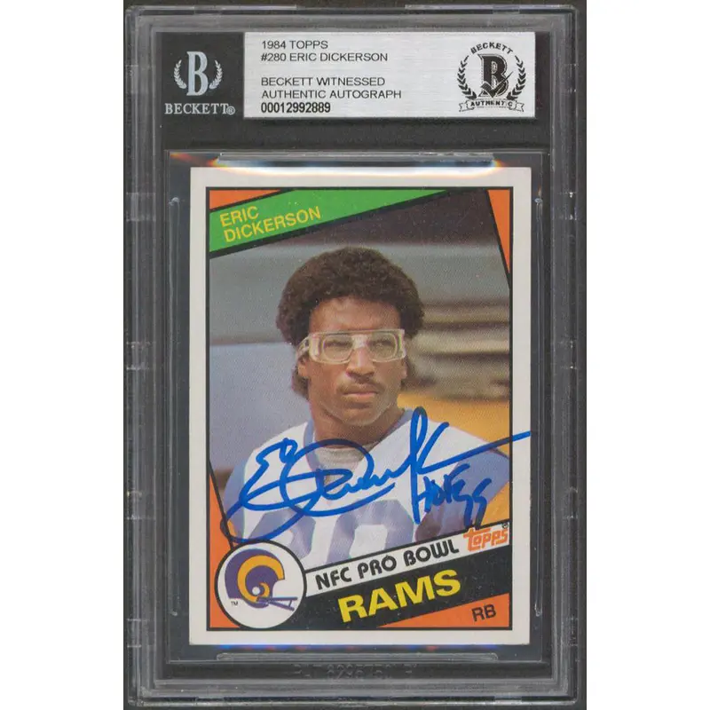 Rams Eric Dickerson "HOF 99" Signed 1984 Topps #280 Rookie Card BAS Slabbed