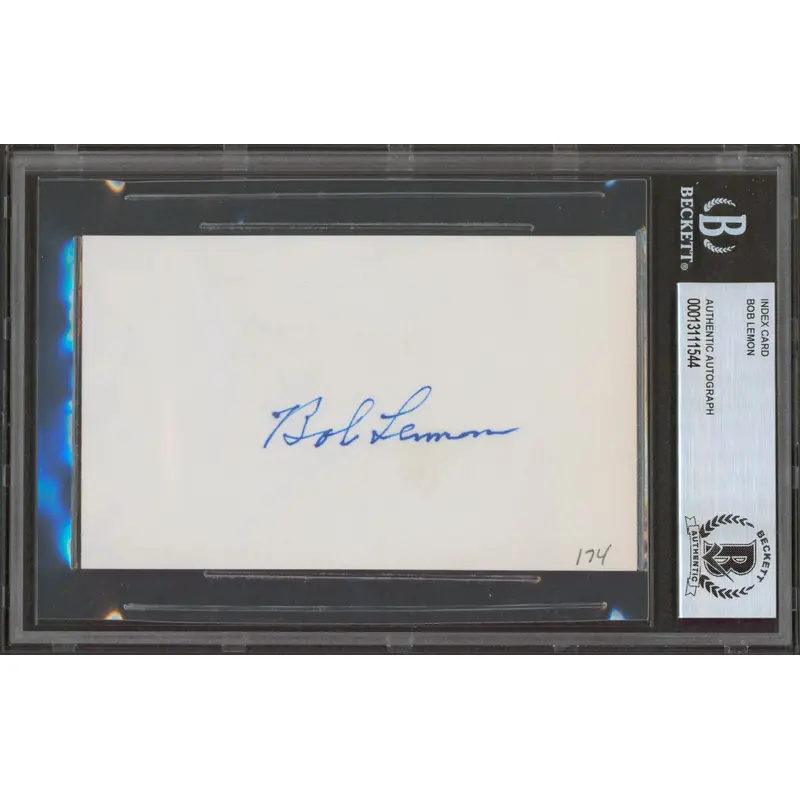 Indians Bob Lemon Authentic Signed 3x5 Index Card Autographed BAS Slabbed