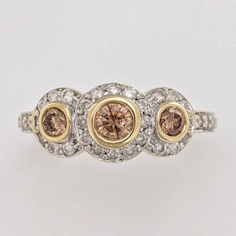 14K .95 CARAT TOTAL WEIGHT SI1 BROWN (3) WHITE (42) BEZEL HALO ESTATE RING 3.0 GRAMS