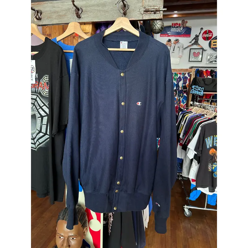 Vintage Champion Reverse Weave Navy Blue Snap Button Sweater Jacket XL / XXL