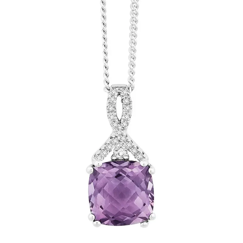 Sterling Silver 3.006 ct Cushion Amethyst with .195 ct White Topaz Necklace