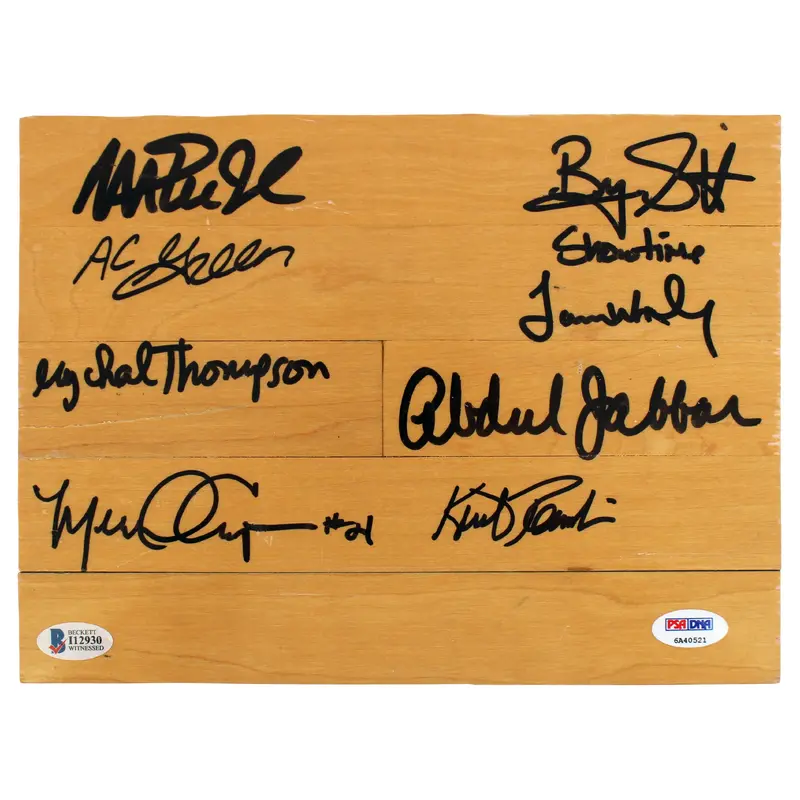 Showtime Lakers (8) Magic, Kareem +6 Signed 8x10 Forum Floorboard PSA & BAS 3