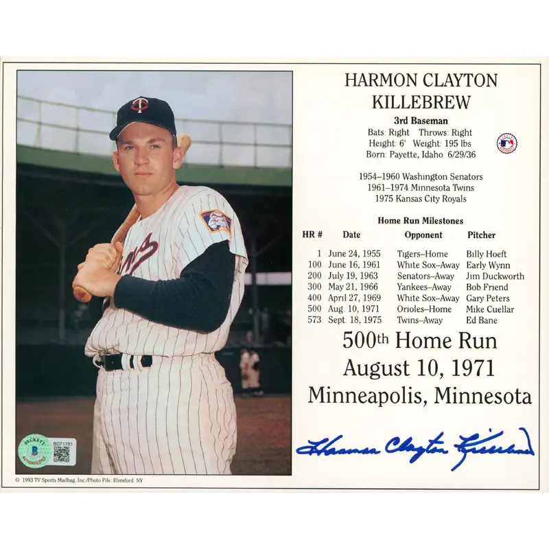 Twins Harmon Clayton Killebrew Authentic Signed 8x10 Photo BAS #BD71781