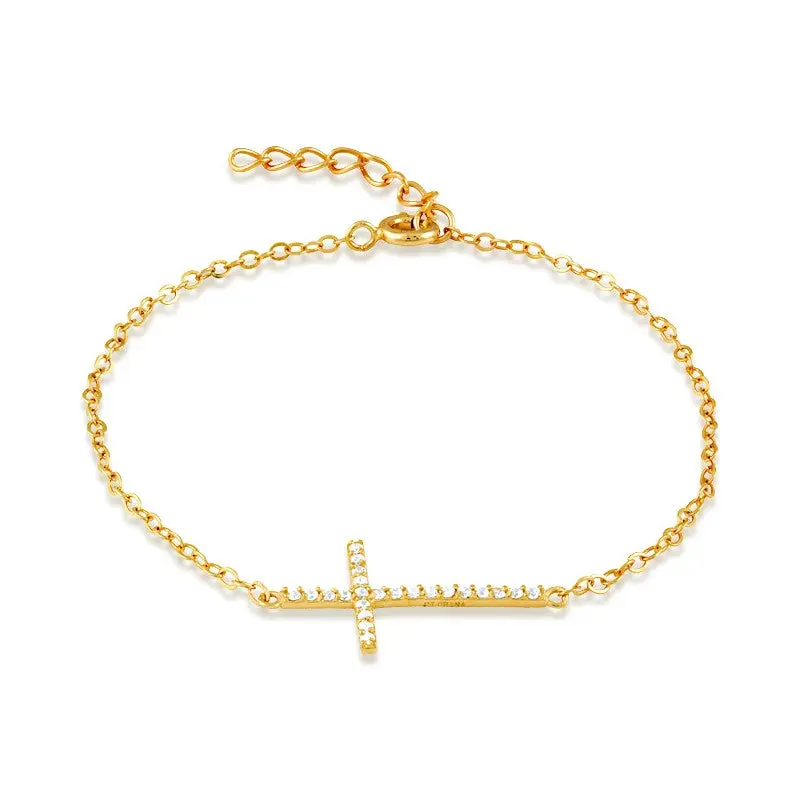 Sterling Silver, CZ Sideways Cross Bracelet - Gold Plated