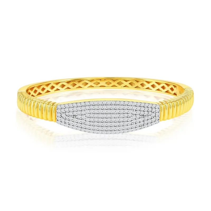 Sterling Silver, Center CZ, Lined Polished Bangle - Gold Plated