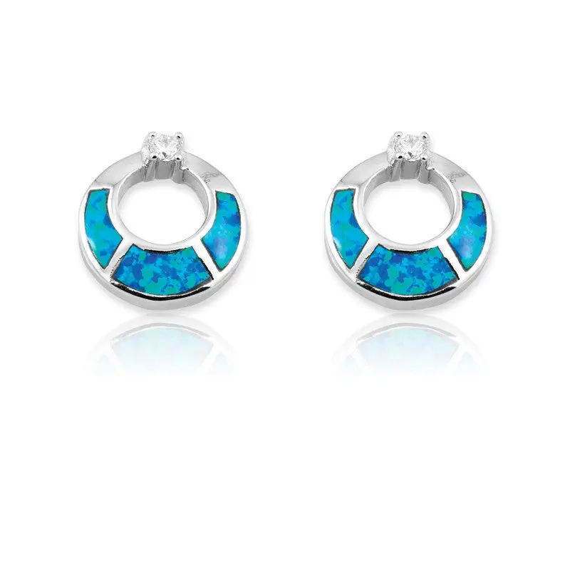 Sterling Silver Blue Inlay Opal w/ CZ Open Circles Earrings