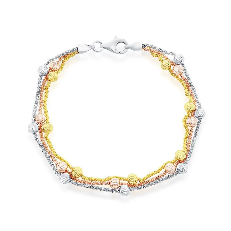 Sterling Silver Diamond Cut Beads Triple Strand Bracelet - Tri-Color