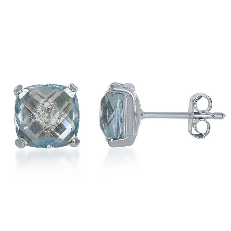 Sterling Silver, 8mm Cushion-cut Gem Studs - Blue Topaz