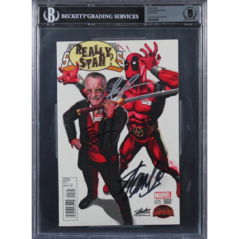 (3) Stan Lee, Liefeld & Horn Signed Deadpool 001 Variant Edition Comic BAS Slab