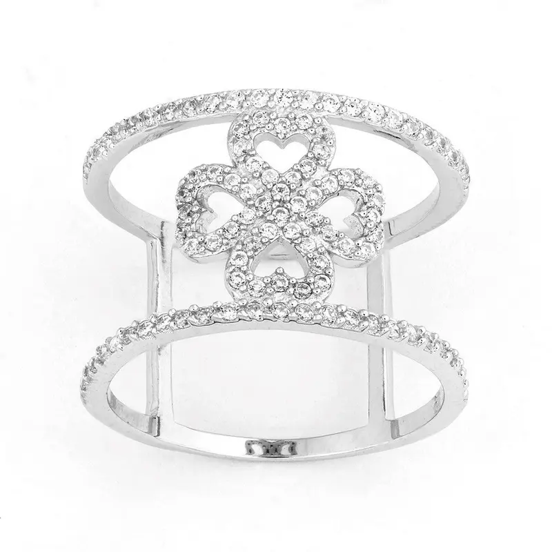 Sterling Silver Double CZ Wire with Center CZ Flower Wide Ring