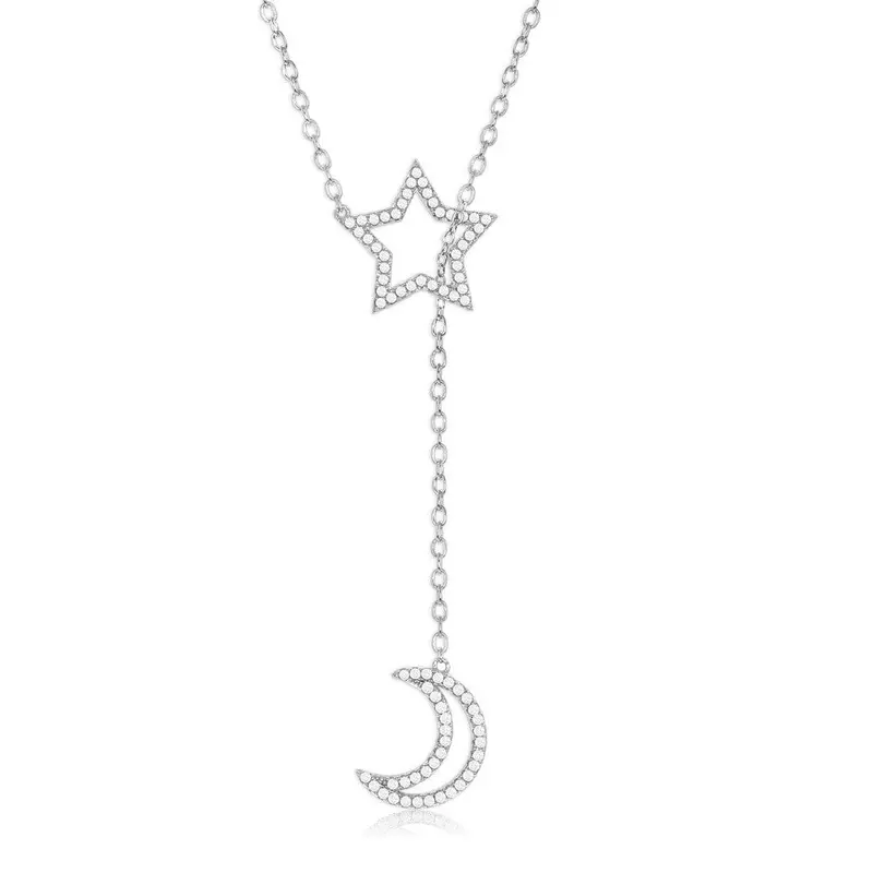Sterling Silver Star with Hanging Crescent Moon CZ Adjustable Lariat Bolo Necklace