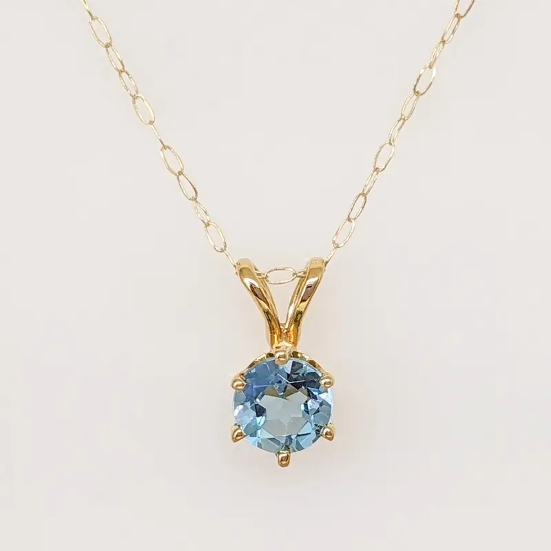 14K BLUE TOPAZ ROUND 5MM ESTATE PENDANT & CHAIN 0.9 GRAMS