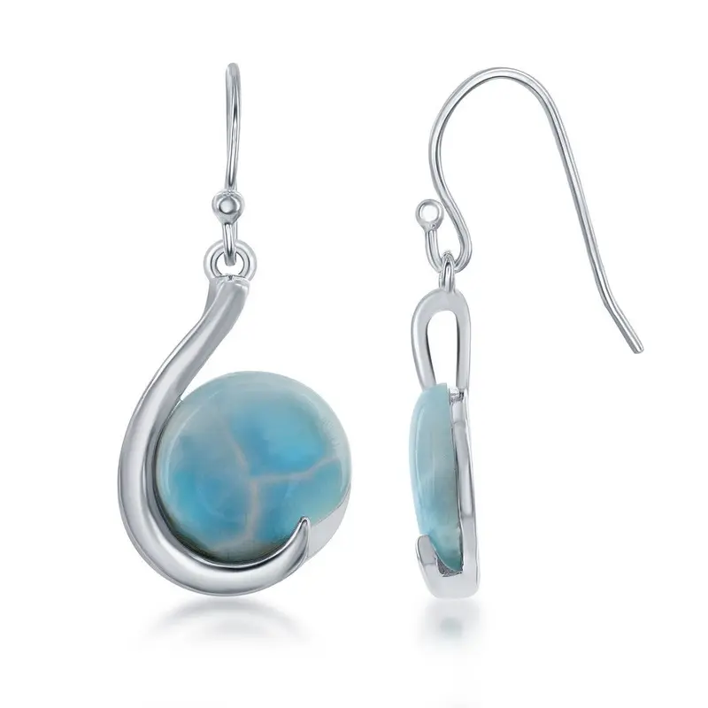 Sterling Silver Round Larimar in Teardrop Dangling Earrings