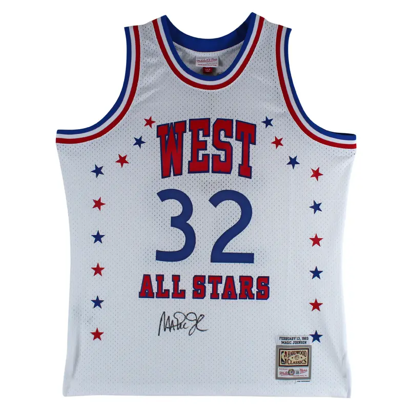 Magic Johnson Signed White 1983 All-Star M&N HWC Swingman Jersey Jersey BAS Wit
