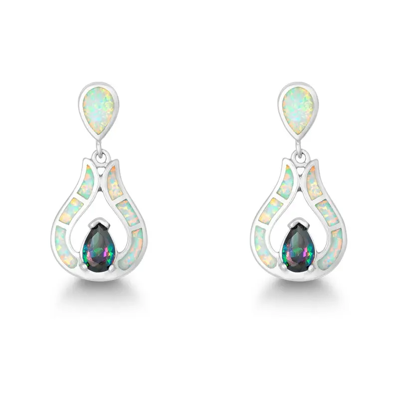 Sterling Silver White Inlay Opal Teardrop with Center Rainbow CZ Earrings