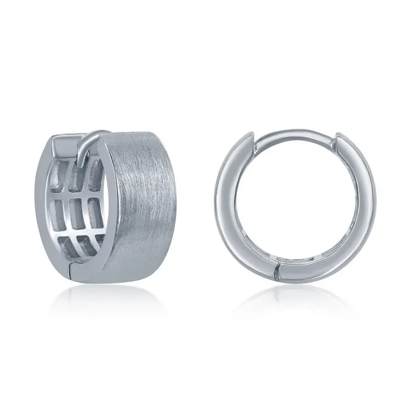 Sterling Silver, 6x14mm Brushed Design, Huggie Hoop Earrings
