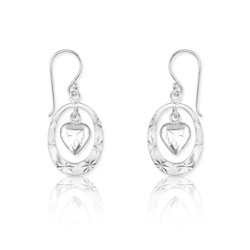 Sterling Silver Open Oval w/Center Dangling Heart Earrings