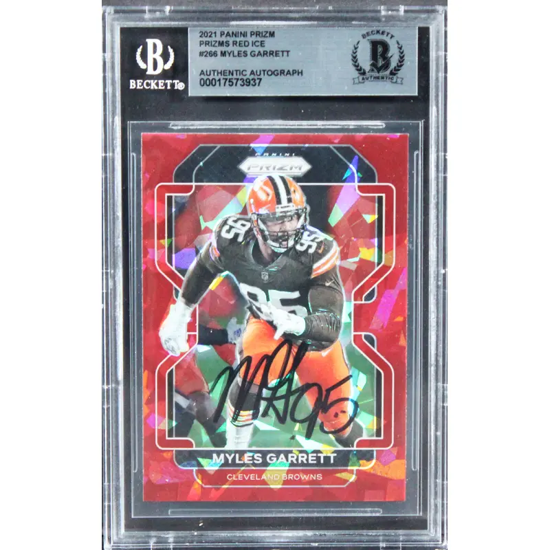 Browns Myles Garrett Signed 2021 Panini Prizms Red Ice #266 Card BAS Slabbed
