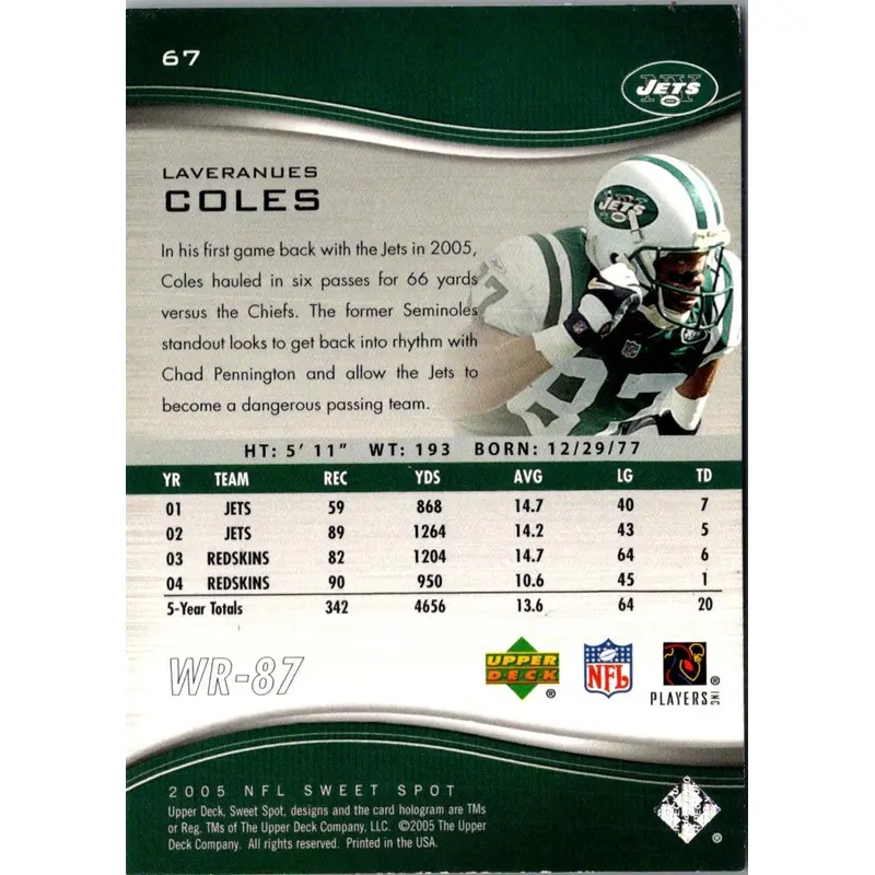 2005 Upper Deck Sweet Spot Laveranues Coles #67