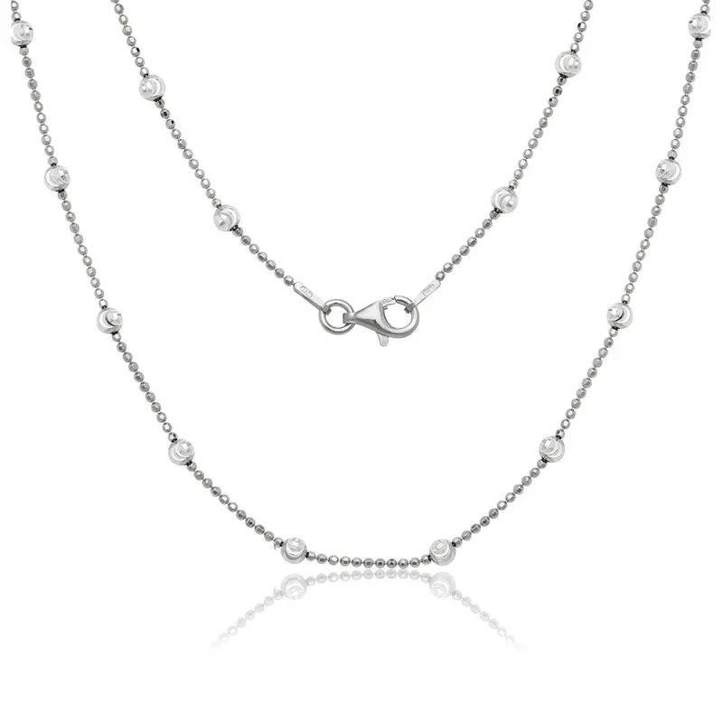 Sterling Silver 3.2mm D-C Moon Bead chain, w/Beads - Rhodium Plated