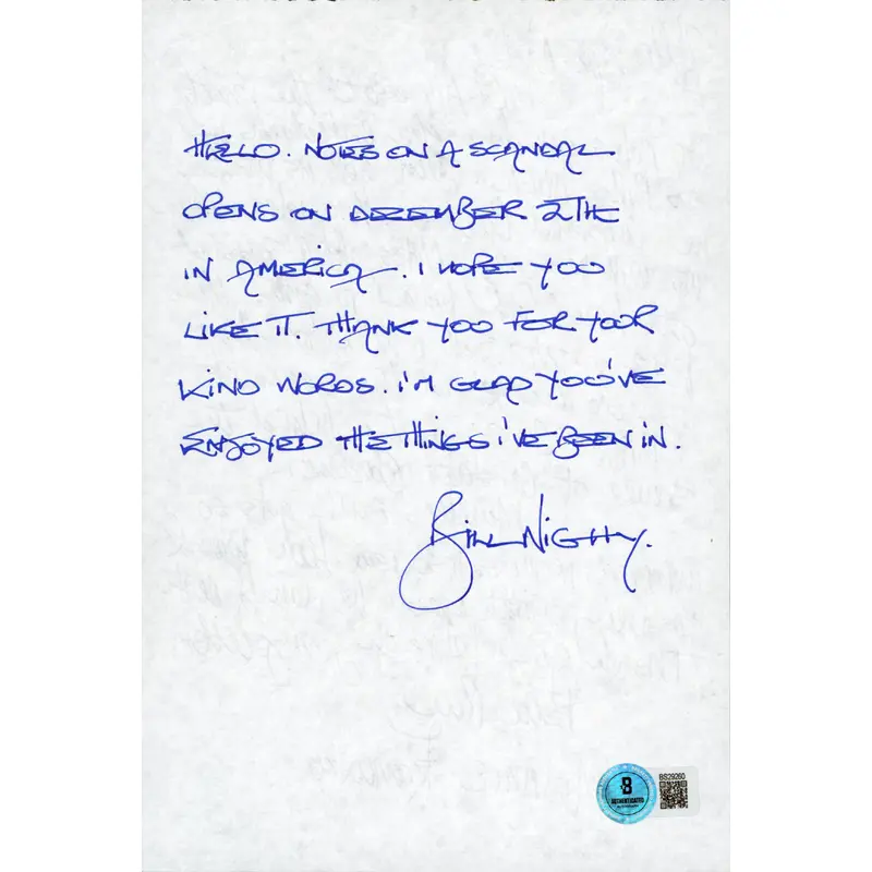 Bill Nighy Harry Potter Authentic Signed 6x8.75 Personal Letter BAS #BS29260