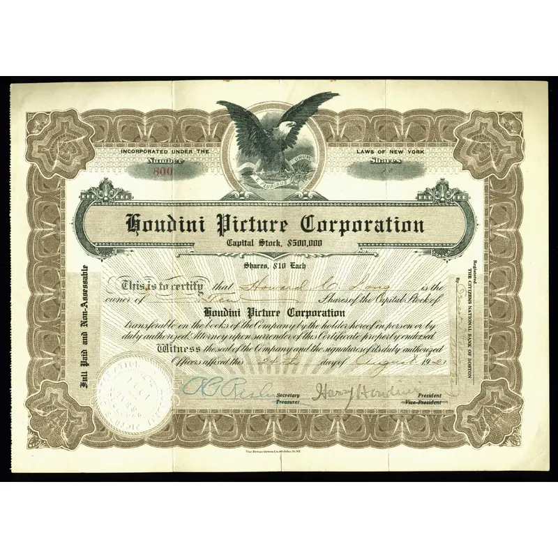 Harry Houdini Signed Houdini Picture Corporation Stock Certificate BAS #A87591