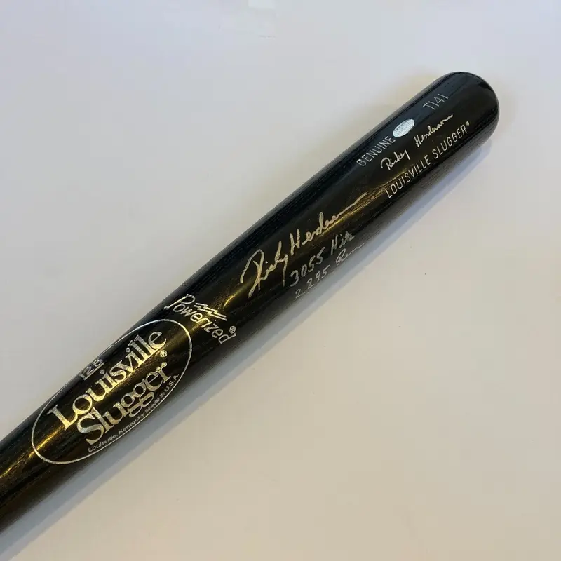 Rickey Henderson Signed Heavily Inscribed STATS Game Model Baseball Bat JSA