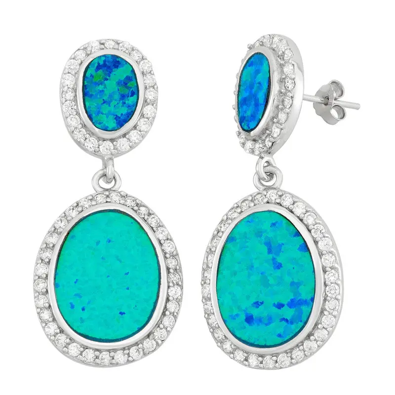Sterling Silver Double Oval Blue Inlay Opal w/CZs Earrings
