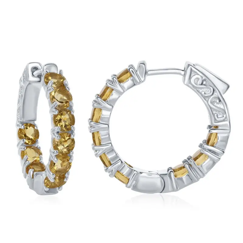 Sterling Silver Inside-Outside Citrine Gemstone Hoop Earrings