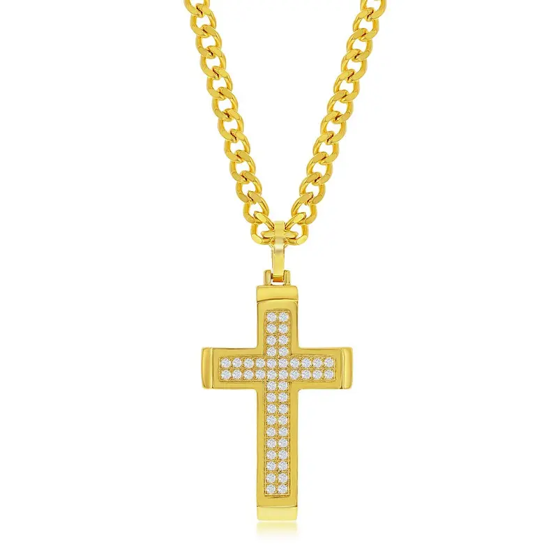 Stainless Steel Polsihed CZ Cross Necklace - Gold Plated