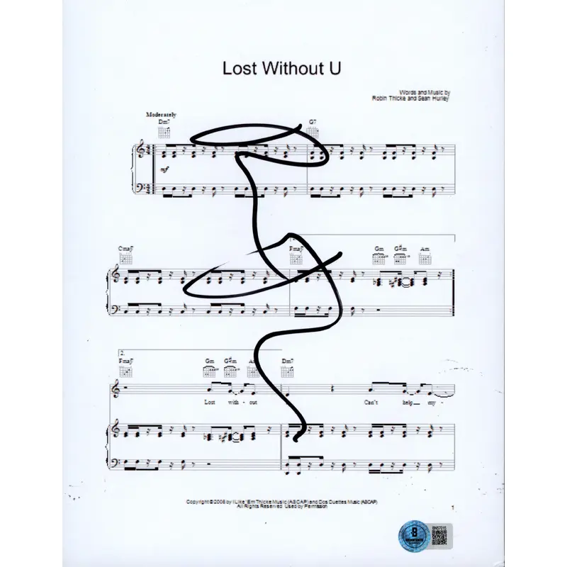 Robin Thicke Lost Without U Signed 8.5x11 Music Sheet Photo BAS #BN57015