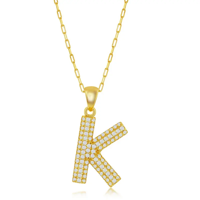 Sterling Silver Micro Pave CZ  'K'  Block Initial w/ Paperclip Chain - Gold Plated