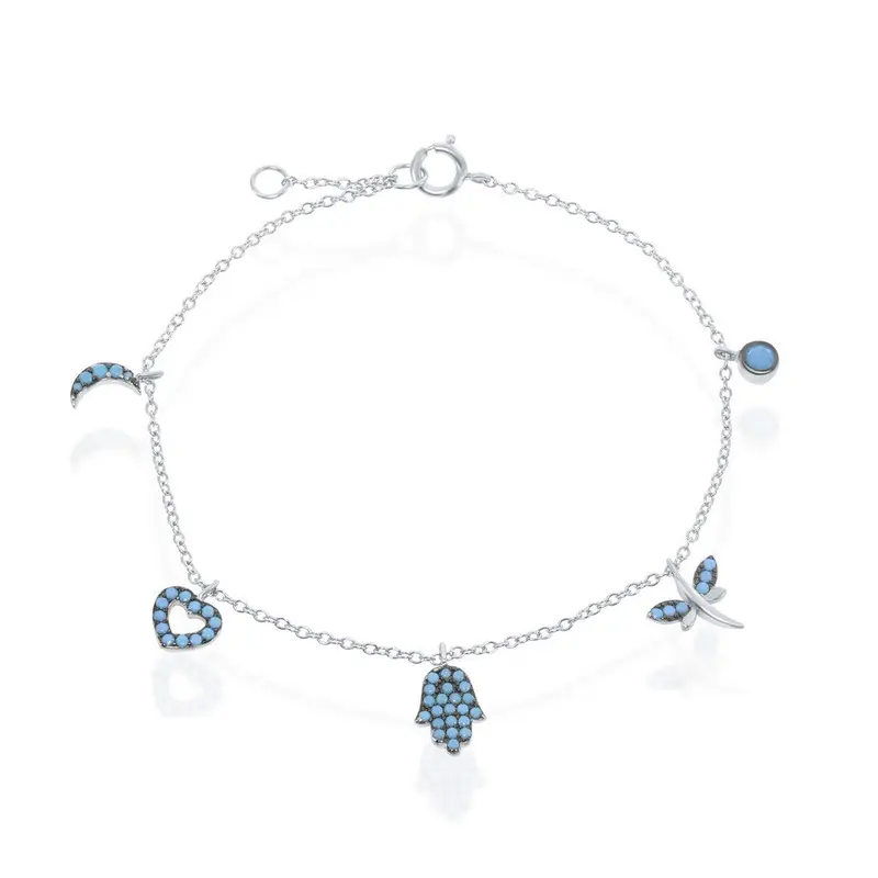 Sterling Silver Turqoise Crescent, Heart, Hamsa, Dragonfly, and Circle Charm Bracele